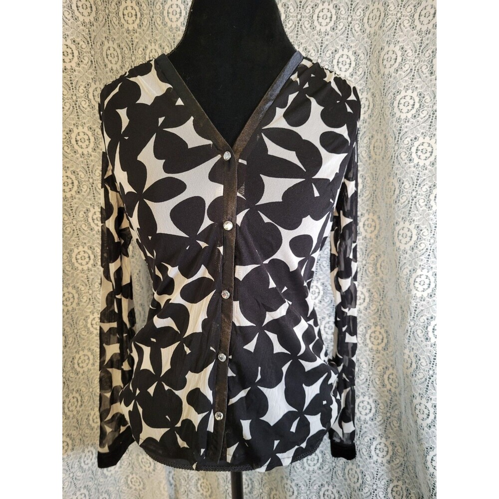 INC International Concepts Black White Floral Sheer  Med LS Rhinestone Button-Up